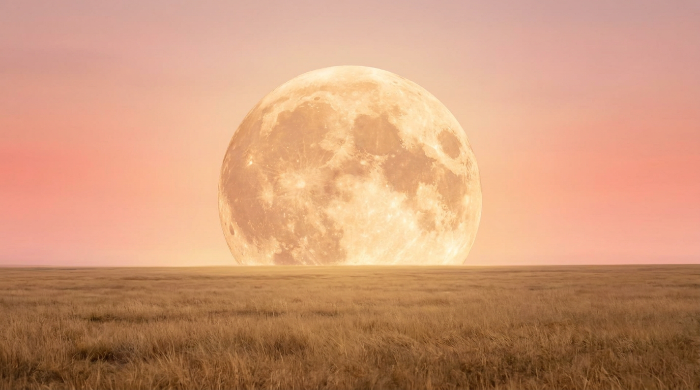 Big moon rising over golden savanna at pink sunset